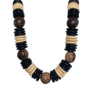 Women’s Tan Black & Brown Wooden Beaded Bohemian Vintage Necklace 26”